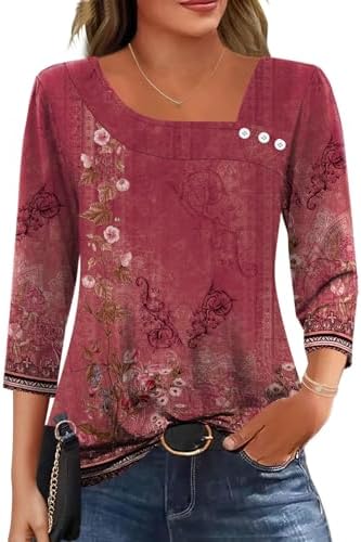 Womens Blouses Casual 3/4 Length Sleeve Asymmetrical Boho Tops 2026