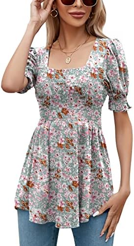 Womens Boho Floral Puff Short Sleeve Square Neck Smocked Tunic Tops