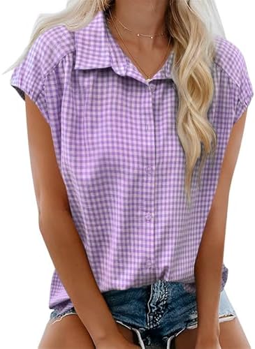 Womens Button Down Shirts Short Cap Sleeve Summer Cotton V Neck Collared