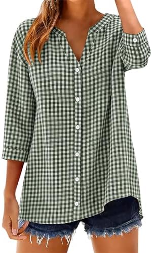 Womens Cotton 3/4 Sleeve Shirts Gingham Striped Button Down Blouses | 3/4