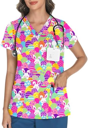 Womens Easter Scrub Tops Printed Colorful Bunny Cartoon Scrub Shirts