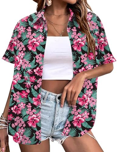 Womens Hawaiian Button Down Shirts Tropical Printed Beach Cover Ups |