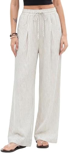 Womens Linen Pants Wide Leg Summer Beach Clothes, White Pinstripe