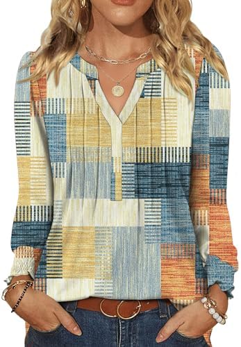Womens Plus Size Tops Pleated Ruffle Long Sleeve Tunic Tops for Women V
