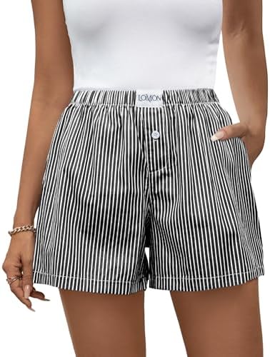 Womens Shorts Striped Boxer Y2K Christmas Pajamas Pockets Resort Wear