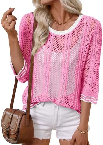 Womens Summer Crochet Tops Sweaters 3/4 Sleeve Hollow Out Knit Tops 2026