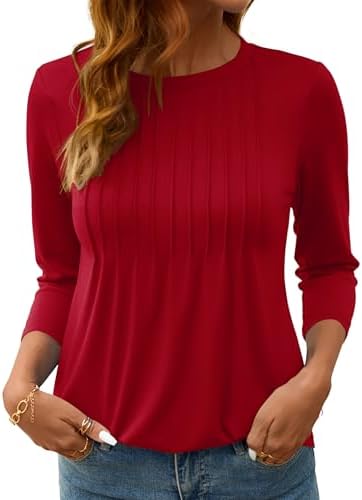 Womens Summer Tops Cute Solid Pleated 3/4 Length Sleeve Dressy Casual T
