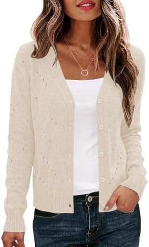 Womens Sweaters Long Sleeve Crochet Button Down Cardigan Apricot | Soft