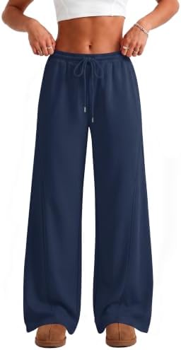 Womens Sweatpants Fleece Lined Joggers with Pockets Navy Blue | Wide Leg