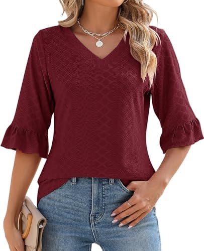 Womens Tops 3/4 Length Sleeves Summer Loose V-Neck T-Shirts Dressy Casual