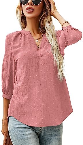 Womens Tops 3/4 Sleeve Button Up V Neck Shirts Pleated Front and Back
