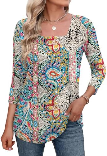 Womens Tops 3/4 Sleeve Shirts Square Neck Loose Casual Blouses Summer
