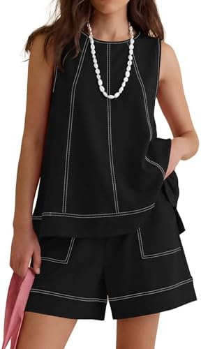 Womens Two Piece Short Sets with Pockets Black S | Summer Fashion Round