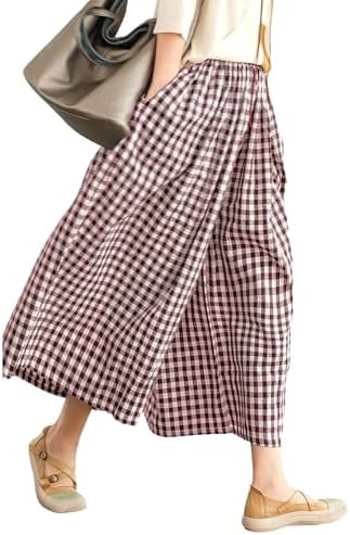 Womens Wide Leg Capri Pants Gingham Plaid Crop Culottes Spring Summer |