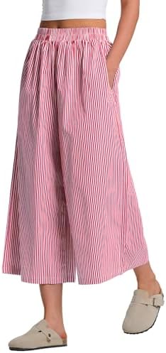 Womens Wide Leg Capri Pants Striped Crop Culottes Spring Summer Flowy |