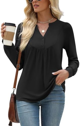 Work Tops for Women 2025 Long Sleeve Shirts V-Neck Tshirt Pleated Button